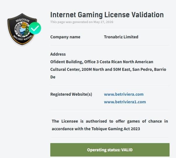 Bet Riviera Casino licence